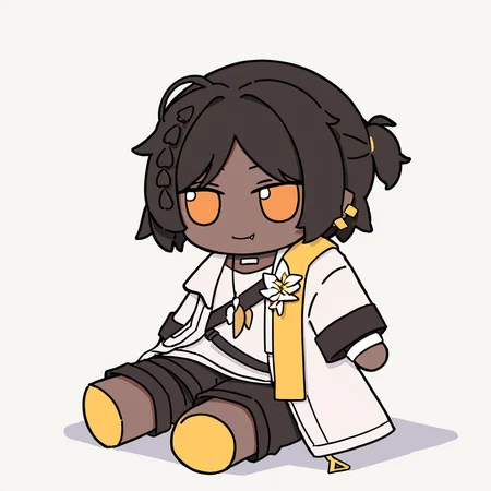 chibi,fumo,1girl,solo,smile,simple background,white background,sitting,fang out,
thorns \(arknights\),arknights,black hair,dark skin,dark-skinned male,short hair,orange eyes,yellow eyes,short ponytail,
<lora:fumo_noob1:1>,
