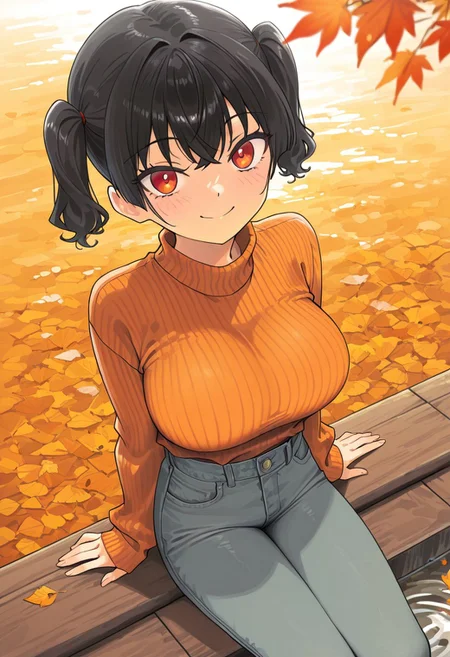 score_9, score_8_up, score_7_up, score_6_up, source_anime, BREAK, 1girl, solo, (( <lora:sasaki_kanna:1> , sasaki_kanna, piercing red eyes, clear eyes, bright pupils, beautiful eyes, beautiful black hair, short twintails, bangs, left side ponytail, thin waist, wide hips, beautiful skin, huge and shaggy breasts, short busty woman, natural beauty, extraordinary beautiful woman, attractive woman, super sexy woman, lustful body, sexy woman with seductive obscene body, sensual body, voluptuous body, sexy beauty, )) , ((red hair ties, )) , anime coloring, rating_safe, day, natural lighting, autumn theme, autumn leaf, leaves, water, water ripple, female focus, looking up at viewer, sitting, smiling, constricted pupils, closed mouth, autumn clothes, sweater, pants, girly, 1girl, blurry outdoors, from above, dutch angle, intricately detailed illustration, atmospheric perspective, depth of field