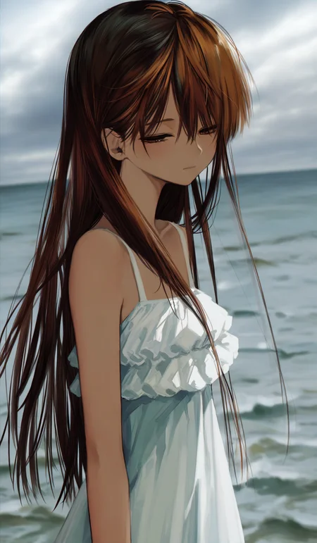 <lora:HonnryouHanaru-Style>,
highres,absurdres,newest,very awa,masterpiece,best quality,year 2024,
(upper body:1.6),
1girl, solo, long hair, dress, white dress, outdoors, brown hair, upper body, sky, ocean, collarbone, sleeveless dress, cloud, half-closed eyes, sleeveless, bare shoulders, closed mouth, frills, brown eyes, blurry, blurry background, day, looking down, expressionless, water, looking at viewer, horizon, hair between eyes, frilled dress, arms at sides, cloudy sky