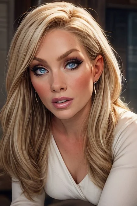 1 girl 35 years old, mature female, milf, blonde hair, long hair, straight hair, blue eyes, black eyebrows, big breast, amazing pert butt, amazing thighs, make up, round earrings, Portrait, close up, milfy_mindy, hotmama, looking at the view, detail face, head turned, white dress decollete