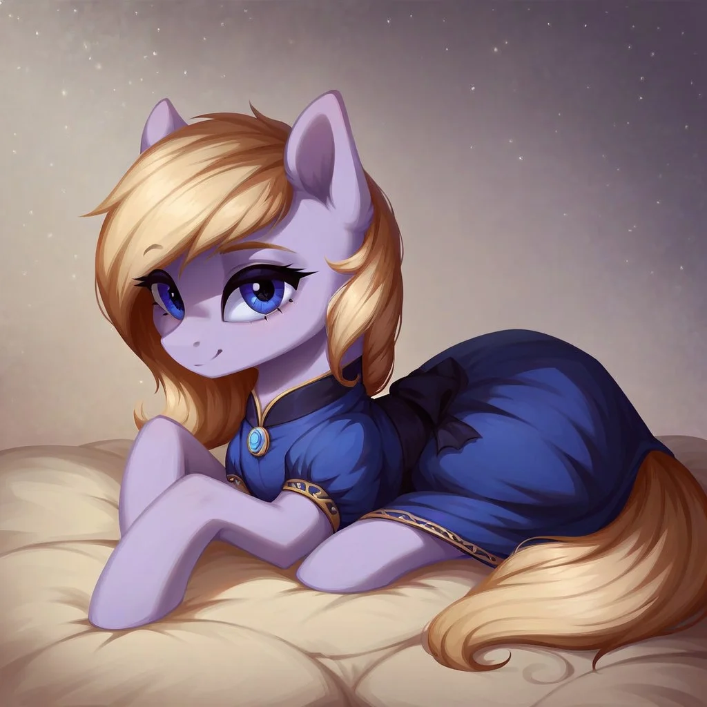 masterpiece, score_9_up, score_8_up, score_7_up, score_6_up, (best quality:1.1), ultra-detailed, high resolution, solo, Eathelin, pony, mlp, feral, midnight blue eyes, mare, female, pony ears, orchid purple skin, midnight blue eyes, thin eyebrows, long eyelashes, short blonde mane, seductive facial expression, dressed, blue dress, sensual, cozy living room, lying on side, beed, full body, expressiveh, highly visible, sharp focus, anatomically correct, detailed background, close up view, detailed facial features, expressiveh, highly visible, sharp focus