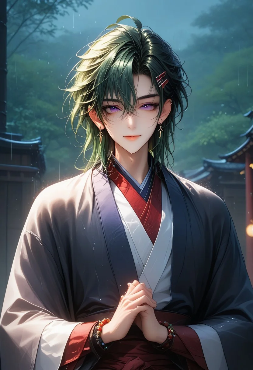 (Masterpiece:1.4), (best quality:1.2), (perfect anatomy), (perfect eyes), (perfect hands), (perfect face),1boy, solo, full body, antherima, solo,dark green hair, hair between eyes, asymmetrical hair parting on left, hair clip on left side, ahoge, medium length bangs, anime reference, purple Eyes, slit pupils, light_red_eyeshadow, ((1_earstud_left_side)), beaded bracelet, backlit character, looking at viewer, smiling, closed mouth, hands together, thin waist, wet, wet clothing, BREAK,
shrine, japanese shrine, bamboo trees, night, nighttime,raining, heavy rain, low light, dark, paved path, moss, extreme detail, detailed scenery, detailed background,