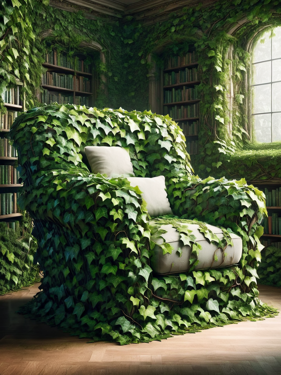 An ais-ivy armchair, its form both familiar and overgrown, beckons from a shadowed corner of a forgotten library. <lora:ais-ivy-sdxl:1>