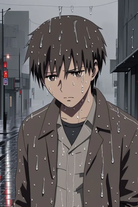 high resolution, solo, best quality, 1Boy, Takaki Toono, Brownish Hair, Brown Eyes, heavy rain, night, looking down, sad, leather jacket, looking away, wet, wet hair, OverallDetail