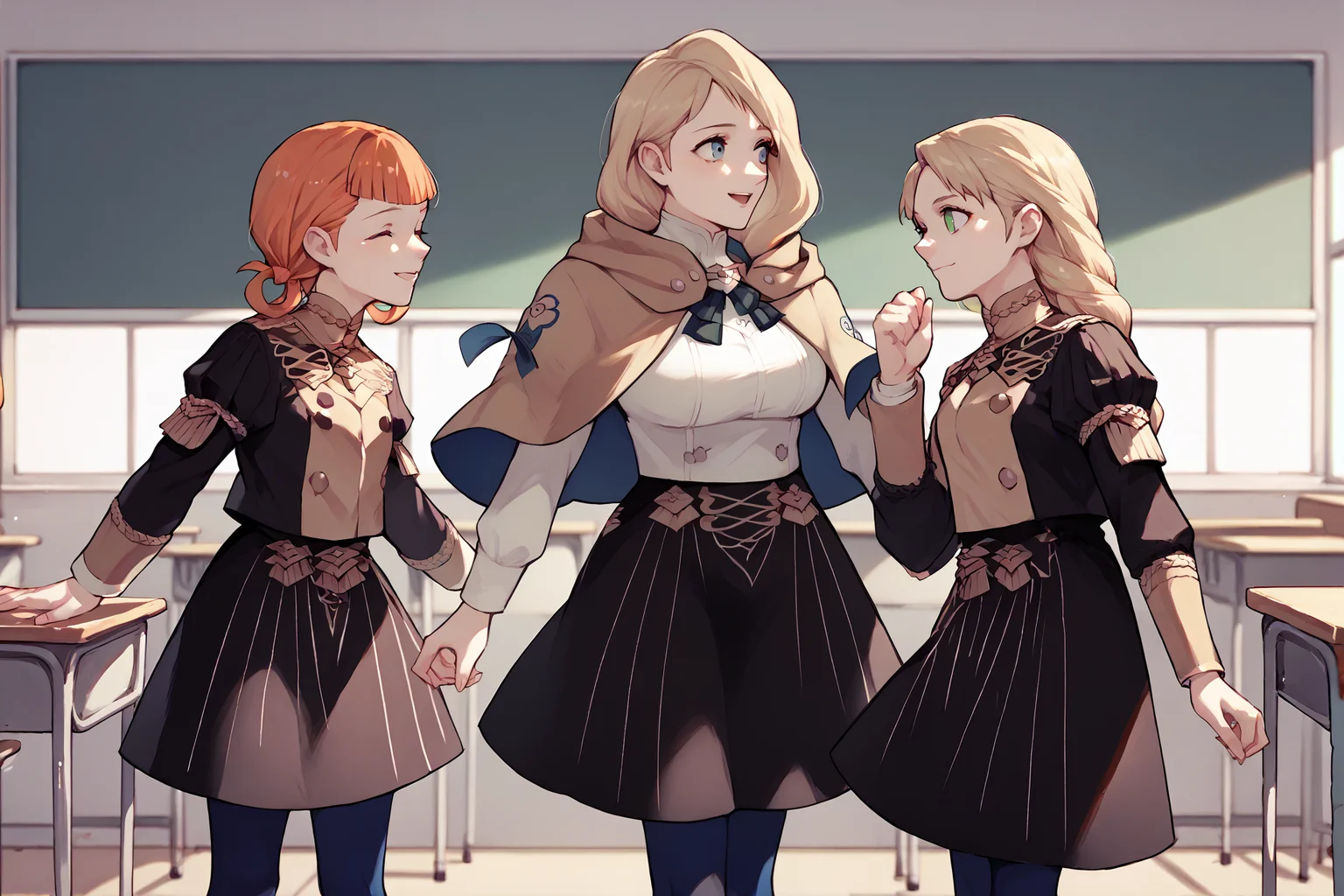score_9, score_8_up, score_7_up, score_6_up, source_anime, three girls, standing, classroom, looking at each other BREAK 1girl, <lora:annette-pdxl-nvwls-v1-000005:1> defAnne, hair rings, short twintails, orange hair, blunt bangs, black jacket, black skirt, blue pantyhose, closed eyes, happy BREAK 1girl, <lora:mercedes-pdxl-nvwls-v1:1> defMercie, blue eyes, low-tied long hair, hair over shoulder, capelet, white shirt, high-waist skirt, black skirt, big breasts, blue leggings, happy BREAK 1girl, <lora:ingrid-pdxl-nvwls-v1:1> defingrid, bangs, braided ponytail, blonde hair, black jacket, black skirt, blue pantyhose, smile, closed mouth