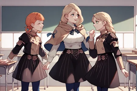 score_9, score_8_up, score_7_up, score_6_up, source_anime, three girls, standing, classroom, looking at each other BREAK 1girl, <lora:annette-pdxl-nvwls-v1-000005:1> defAnne, hair rings, short twintails, orange hair, blunt bangs, black jacket, black skirt, blue pantyhose, closed eyes, happy BREAK 1girl, <lora:mercedes-pdxl-nvwls-v1:1> defMercie, blue eyes, low-tied long hair, hair over shoulder, capelet, white shirt, high-waist skirt, black skirt, big breasts, blue leggings, happy BREAK 1girl, <lora:ingrid-pdxl-nvwls-v1:1> defingrid, bangs, braided ponytail, blonde hair, black jacket, black skirt, blue pantyhose, smile, closed mouth