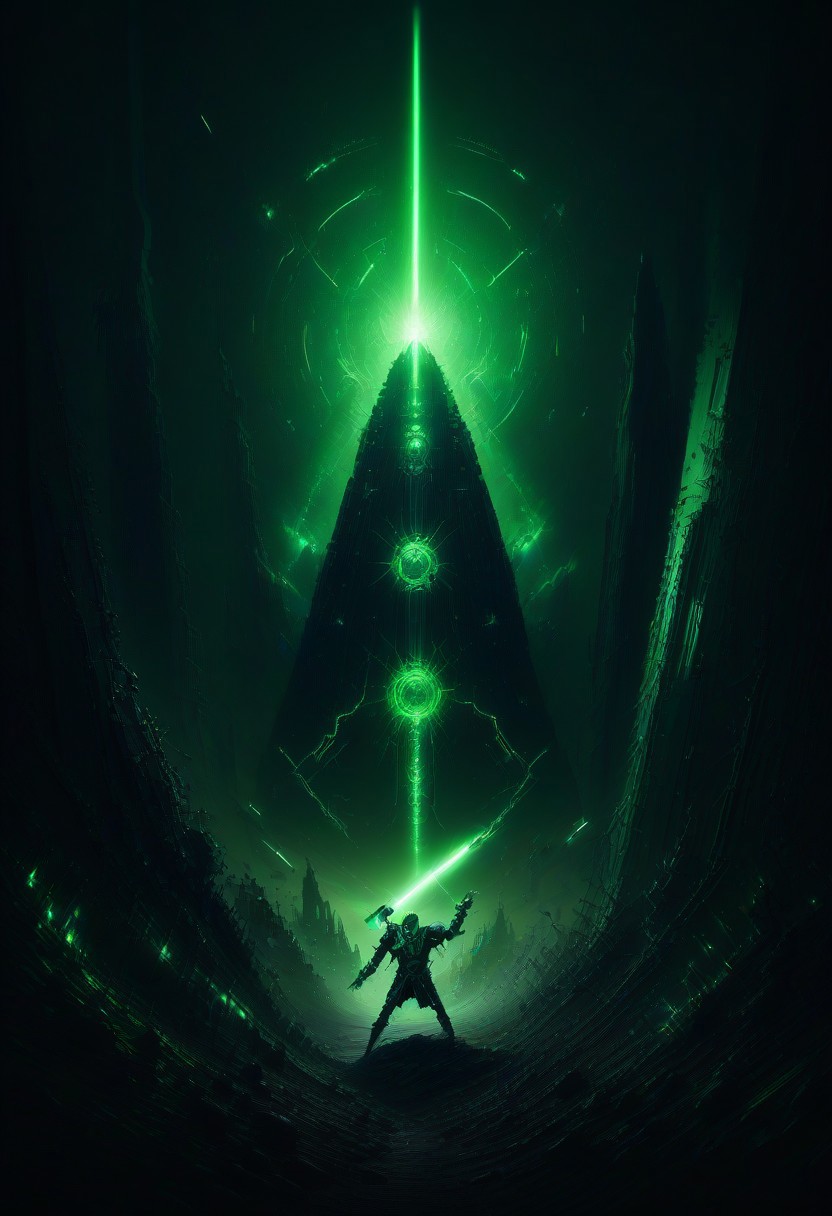 green sun, electricity, green glow, green theme, Necron, evil overlord fights a man with laser sword, chaos,