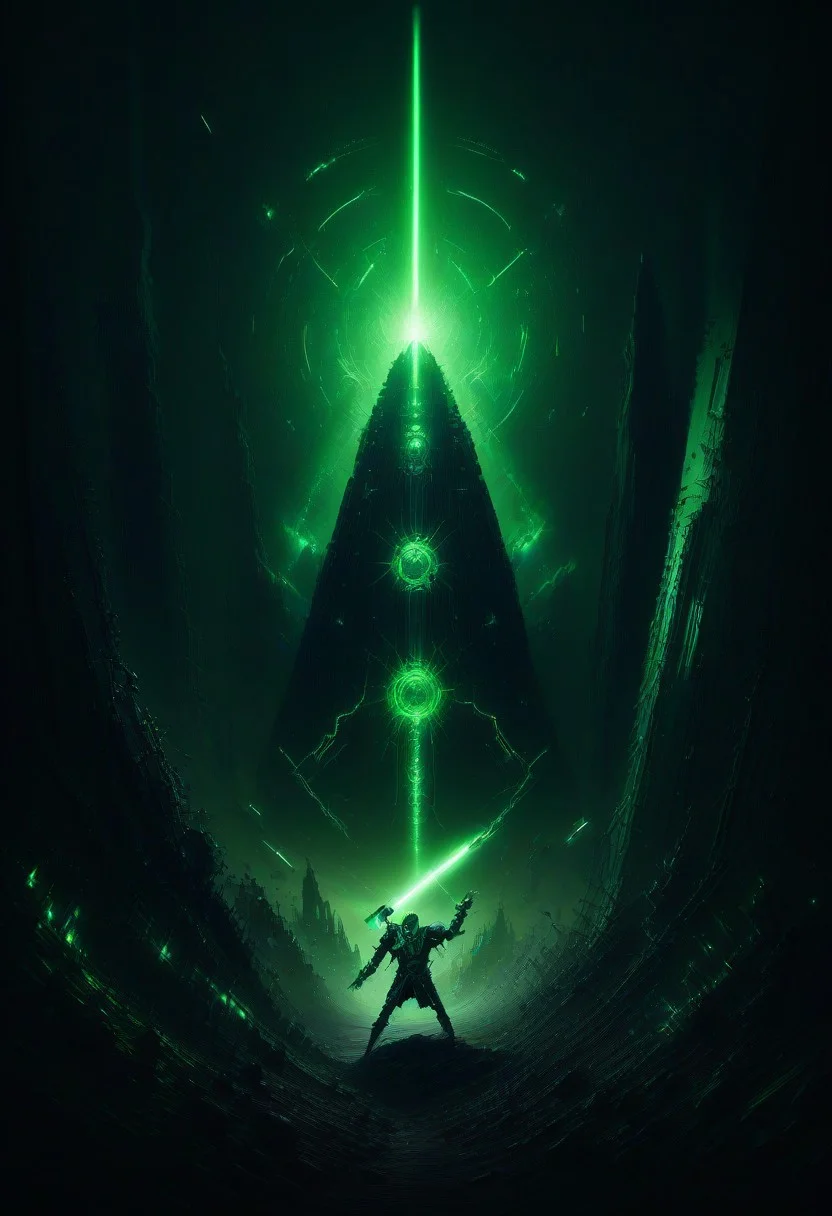 green sun, electricity, green glow, green theme, Necron, evil overlord fights a man with laser sword, chaos,