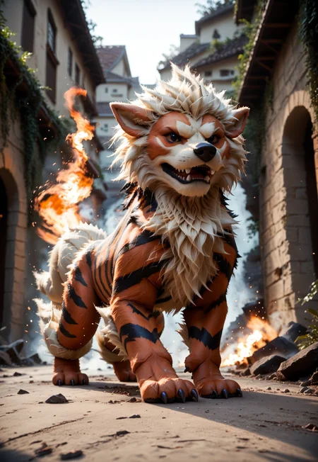 score_9, score_8_up, score_7_up, score_6_up, source_furry, dof, full-length portrait, solo, blurred background, arcanine, pokemon (creature), cinematic, action, motion blur, dynamic angle, feral, realistic lighting, photorealistic, fire in background