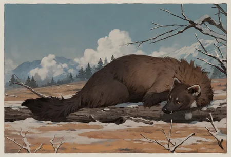 best quality, masterpiece, newest, absurd res, hi res, very awa, (pine marten:1.1), honovy, (mucknagabe:0.7), (blotch:0.7), (rei \(sanbonzakura\):0.3), realistic feral, male, slim, long body, no sclera, circle eyebrows, snaggle tooth, whiskers, scruffy, solo, on front, looking at viewer, smug, breath, pose, side view, animal focus, branch, highlands, postcard, (lineart:0.6), (watercolor:0.8),
