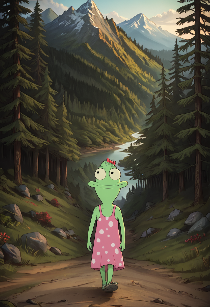 score_9, score_8_up, score_8,   <lora:Jesse_Solar_Opposites_for_PonyXL (2):0.8> bow, green skin, 1girl, black eyes, dress,  j3ss3, young, solo, walking, hiking, forest, mountain, scenery