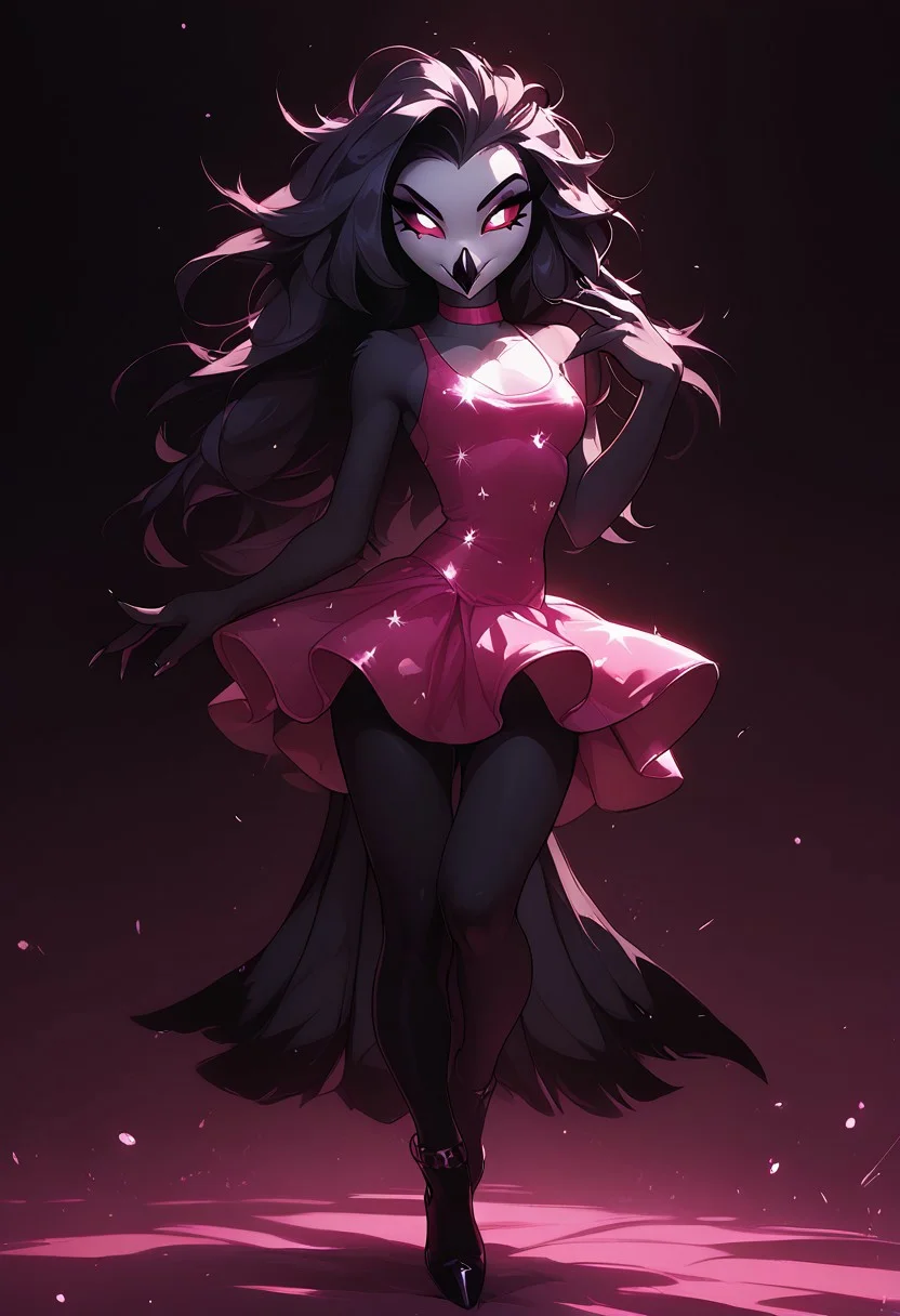 score_9, score_8_up, score_7_up, score_6_up, 1girl, solo, octavia, octavia, avian bird demon owl owl_demon, beak, red sclera, from hellova boss, anthro furry, long hair, nightclub outfit, tight pink dress, perfect face, perfecteyes, sexy, sexy girl, beautiful eyes, dancing, dynamic angle, full body shot, red eyes, glowing eyes, red sclera, pop star, singing