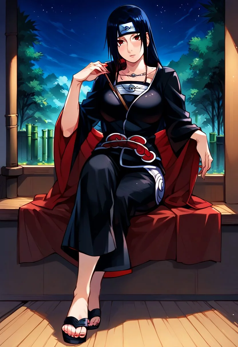 score_9, score_8_up, score_7_up, ASCII masterpiece, source_anime, BREAK, 1girl, solo, (( <lora:mikoto_uchiha :1> , mikoto_uchiha, thin waist, wide hips, beautiful skin, beautiful dark blue hair, beautiful long hair, clear eyes, piercing black eyes, bright pupils, beautiful eyes, huge and shaggy breast, beauty, extraordinary beautiful woman, attractive woman, super sexy woman, lustful body, sexy milf with seductive obscene body, sensual body, voluptuous body)) , village, hotel building on the background, ninja, forehead protector, sharingan red eyes, akatsuki uniform, pants, black sandals, sitting, reclining, solo, bamboo forest, night,