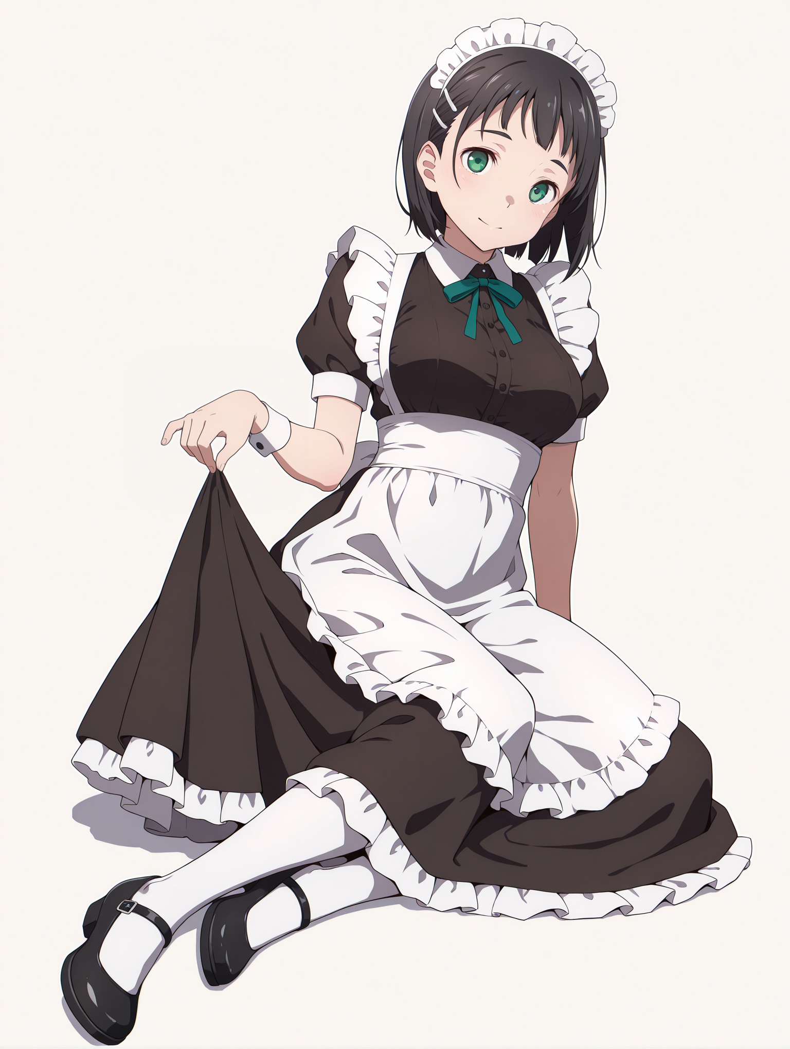 masterpiece,best quality,newest,1girl,solo,
<lora:p_suguha_v1.0:1>,p_sugu,hairclip,green eyes,
<lora:Fixhands_anime_bdsqlsz_V1:1>,looking_at_viewer,simple_background,white_background,full body,sitting,maid,