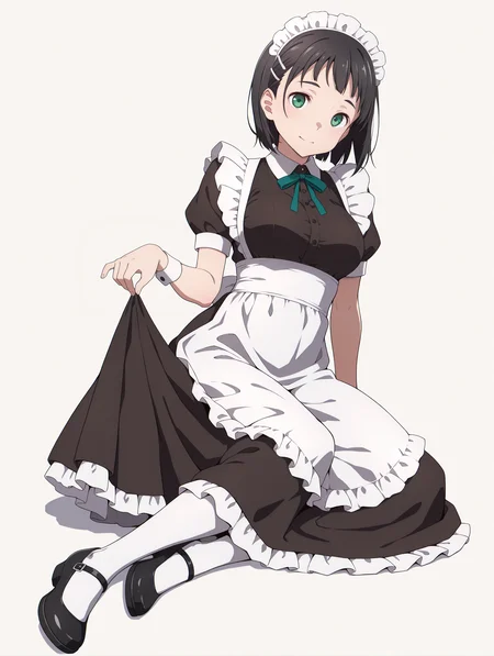masterpiece,best quality,newest,1girl,solo,
<lora:p_suguha_v1.0:1>,p_sugu,hairclip,green eyes,
<lora:Fixhands_anime_bdsqlsz_V1:1>,looking_at_viewer,simple_background,white_background,full body,sitting,maid,