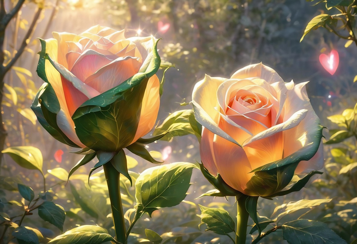 Create a highly detailed digital painting depicting two big fantasy rosebuds. Their large stalks form a heart by interweaving. They are in a small clearing inside of a lush natural landscape.
Natural light from a bright sun illuminates the scene and creating a beautiful, romantic atmosphere. 
The background is slightly blurred, emphasizing the depth of field, dreaming fantasy, wonderworld, close up, breathtaking, 3d, award winning, a masterpiece, lens flare, pixel art,