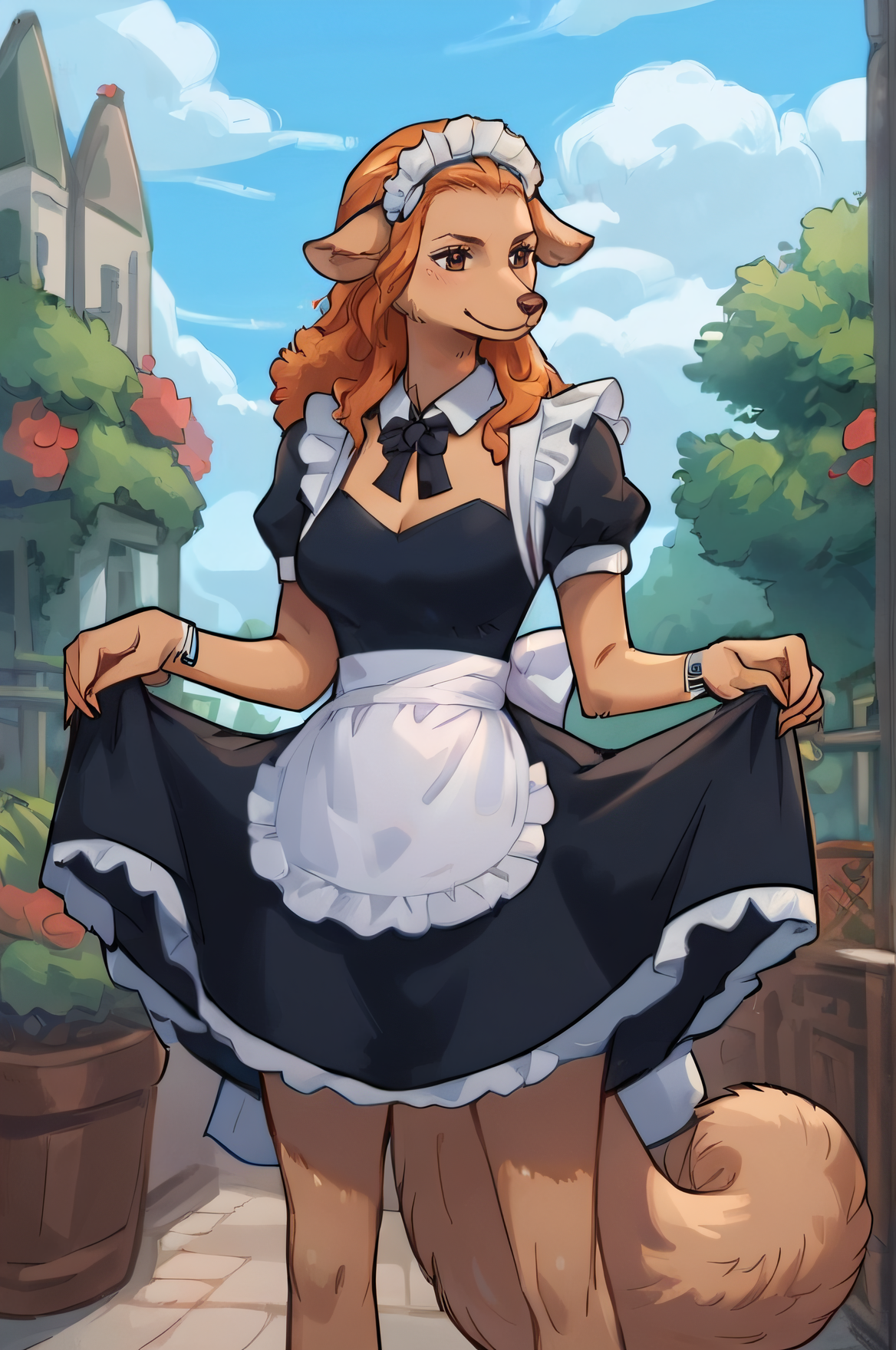 score_9, score_8_up, score_7_up,
wanda, dog girl, furry,body fur, brown fur, long hair, orange hair, brown eyes, animal ears, dog ears, tail, animal face, snout,
maid, maid headdress, apron, black dress, skirt hold, smile, garden, standing, smile,
<lora:wanda-pony:0.85> <lora:Smooth Style 2 SDXL_LoRA_Pony Diffusion V6 XL:0.8>
