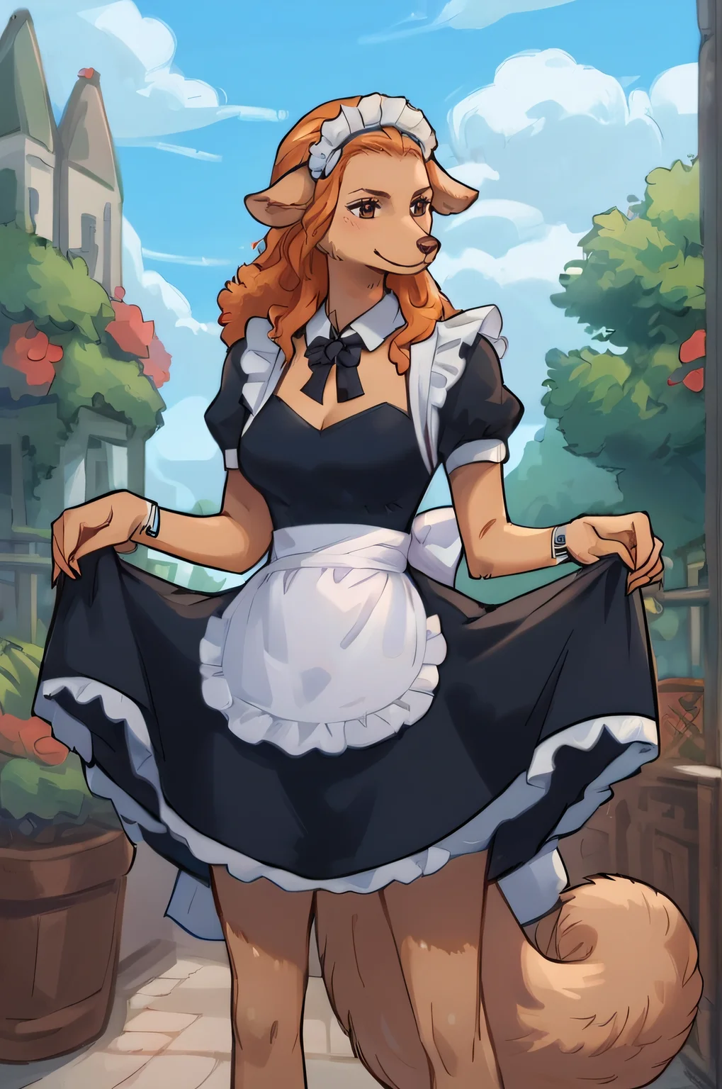 score_9, score_8_up, score_7_up,
wanda, dog girl, furry,body fur, brown fur, long hair, orange hair, brown eyes, animal ears, dog ears, tail, animal face, snout,
maid, maid headdress, apron, black dress, skirt hold, smile, garden, standing, smile,
<lora:wanda-pony:0.85> <lora:Smooth Style 2 SDXL_LoRA_Pony Diffusion V6 XL:0.8>