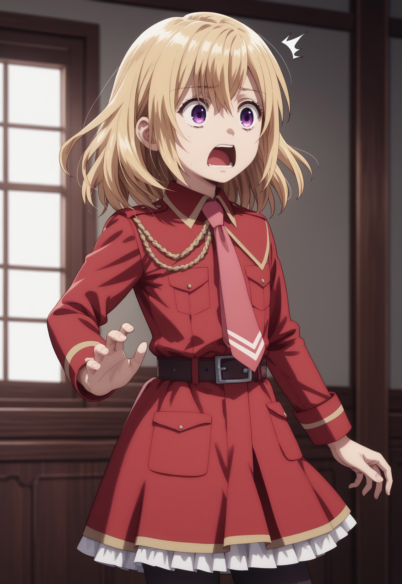 safe_pos, score_9, score_8_up, score_7_up, ((( highly detailed, masterpiece, perfect, detailed, hd)))
,
((Jilcermb, blonde hair, medium hair, purple eyes ))
,
((( 1girl, solo, )))
,
((( Standing, parody, shocked, open mouth, anime coloured, )))
,
((( uniform, military uniform, red uniform, necktie, pink necktie, belt, pantyhose, black pantyhose, skirt, hair between eyes ))) 
,
((( Best view, 3/4 body view)))
,
(( indoors ))
,
((( )))
,
()