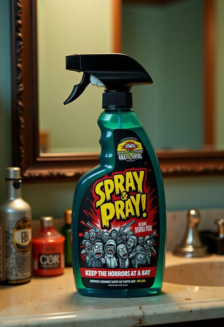 Filling most of the frame is an extreme close promo shot of a bathroom spray cleaner resting on a cluttered spooky bathroom counter. The colorful label on the wide curved bottle with text: "SPRAY & PRAY!" in high impact font, with text: "KEEP THE HORRORS AT BAY", with a cartoon drawing of a survivor shooting a horde of zombies with a shotgun. The image is dynamically arranged, with a closeup view to advertise the cleaner. aidmatextimprover