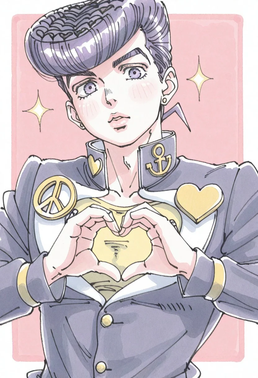 masterpiece,best quality, higashikata josuke,jojo no kimyou na bouken,sparkle, 1boy, purple hair, pompadour, purple eyes, lips, school uniform, gakuran, peace symbol, heart hands, looking at viewer, solo, male focus, upper body,PORANKARAN,