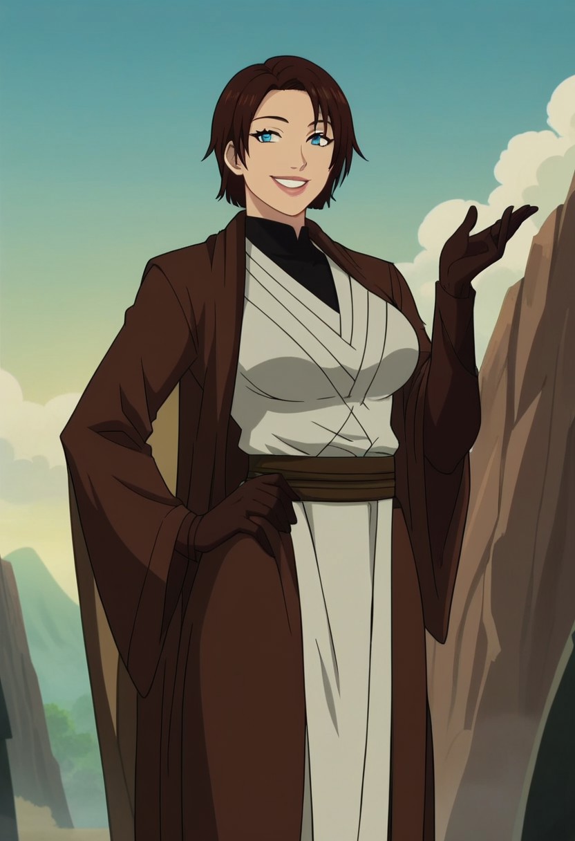 score_9, score_8_up, score_7_up, source_anime, anime coloring, anime screencap, meetra surik, short hair, brown hair, blue eyes, large breasts, jedi robe, gloves, hand on hips, smile, detail background,