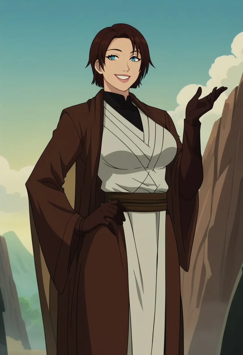 score_9, score_8_up, score_7_up, source_anime, anime coloring, anime screencap, meetra surik, short hair, brown hair, blue eyes, large breasts, jedi robe, gloves, hand on hips, smile, detail background,