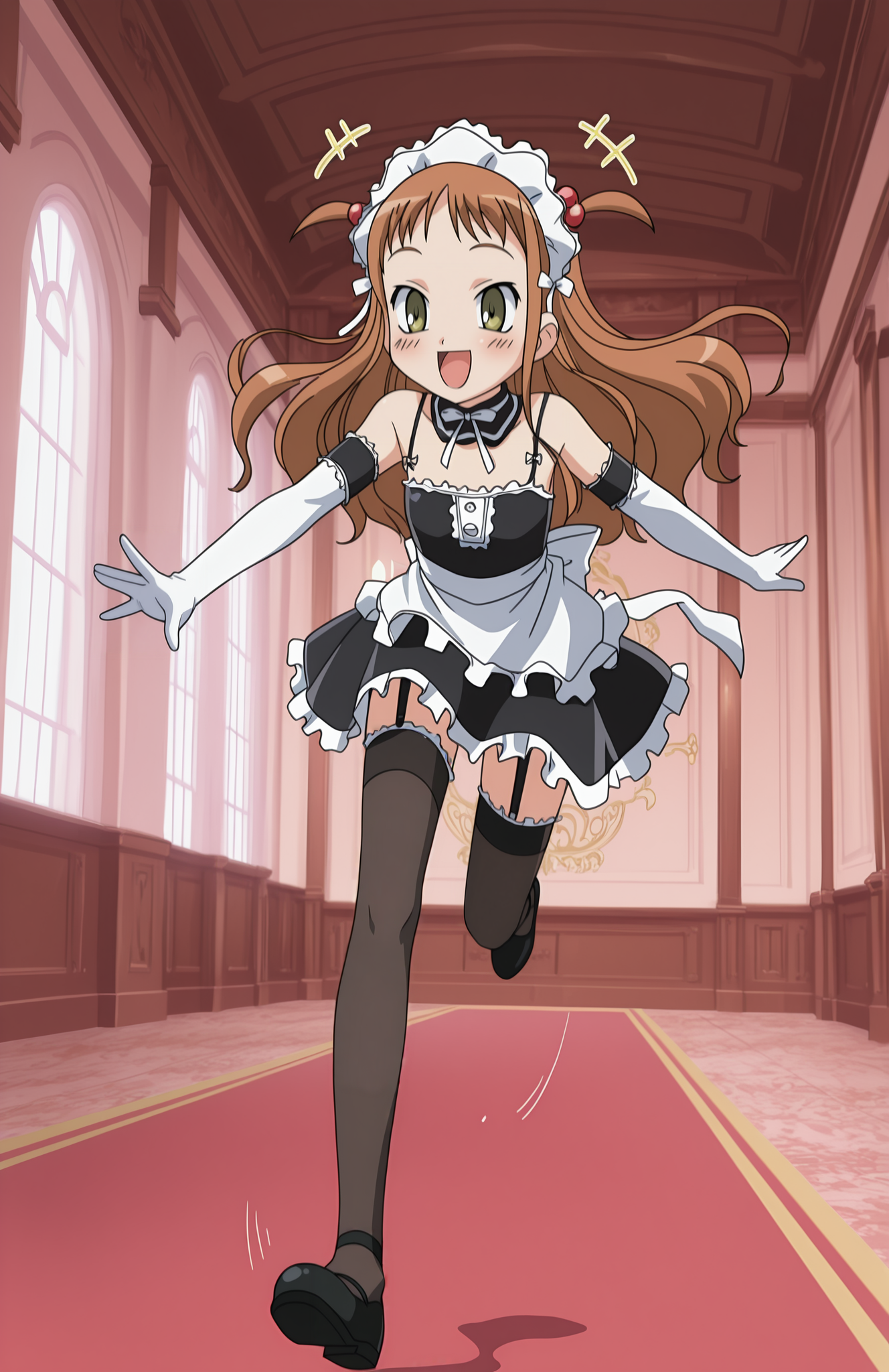 <lora:anatomy_helper:0.8> 1girl, solo, <lora:KoWaGo-IL:0.8> himm,
karin, long hair, auburn hair, yellow eyes, hair ornament, hair bobbles, two side up,
koremaid, bare shoulders, elbow gloves, white gloves, detached collar, arm garter, garter straps, spaghetti strap, black thighhighs, frilled thighhighs, maid headdress, black footwear,
indoors, mansion, fancy, happy, running, outstretched arms, floating hair, motion lines, motion blur, speed lines, +++, laughing, :d, extremely detailed, highres, masterpiece, best quality
