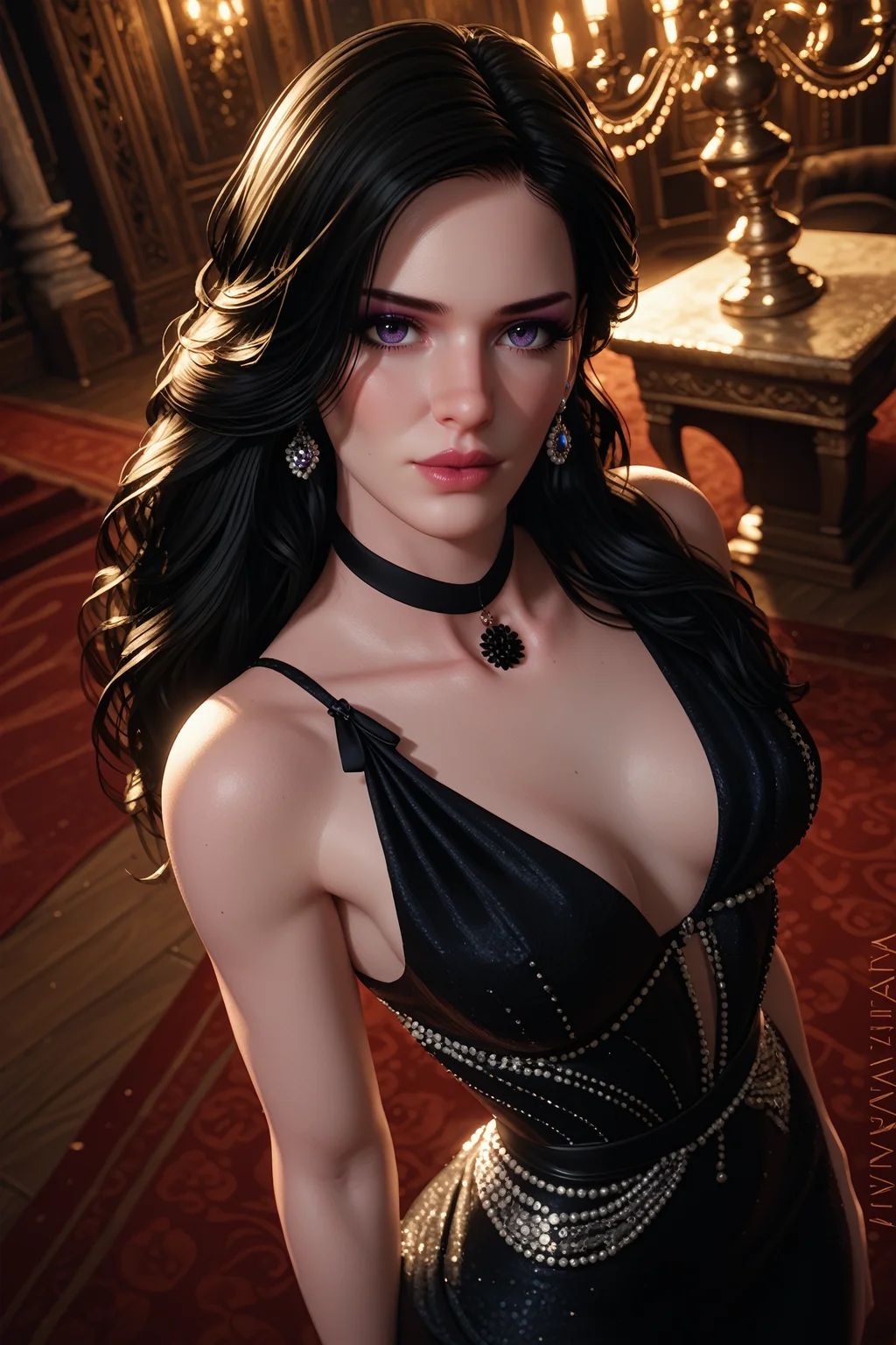 score_9, score_8_up, score_7_up,
<lora:TW3Yennefer:0.8>
TW3Yennefer, 1girl, black hair, purple eyes, long hair, looking at viewer, Dutch angle, beaded dress, earrings, elegant, makeup, fancy party room, indoor, golden details, dramatic light, high angle view