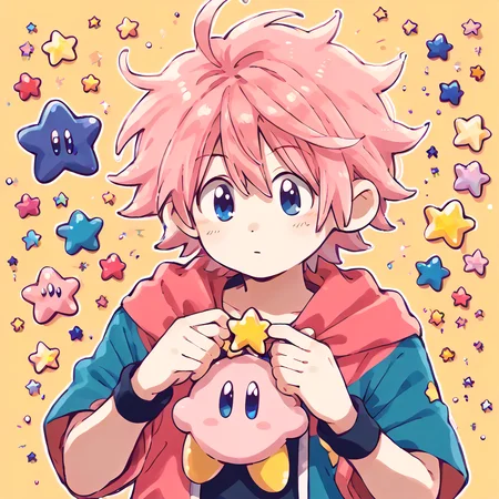 <lora:KirbyJP:1.5> (solo:2), (simple background, yellow background:1)
<lora:Kirby_Gijinka:1> pink hair, solo, blue eyes, 1boy, short hair, star (symbol), ahoge
