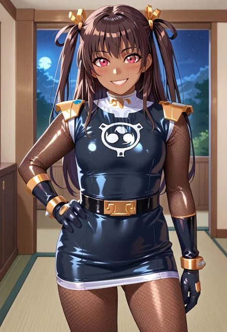score_9, score_8_up, score_7_up, BREAK,
1girl, solo, defYuki, tan, dark-skinned female, brown hair, red eyes, two side up, long hair, sentaikageblue, shiny clothes, spandex, silver bodysuit, fishnet bodysuit, bodysuit under clothes, black dress, shoulder pads, black belt, black gloves, boots, boots, blush, small smile, looking at viewer, indoors, tatami, sliding door, room, night,