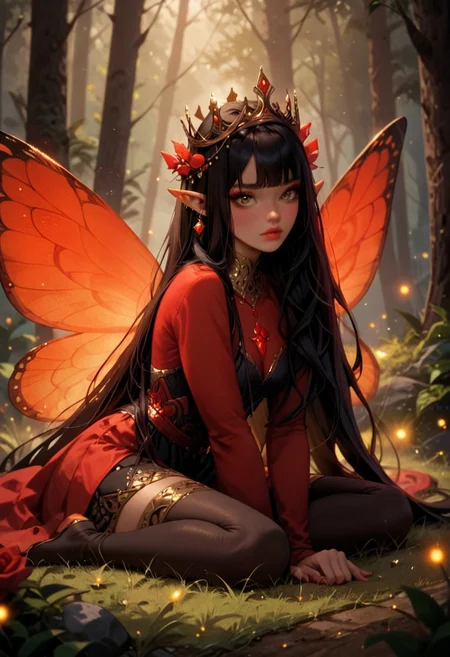 score_9, score_8_up, score_7_up, score_6_up, score_5_up, score_4_up, dynamic scene, 1 fairy girl, long black hair, sitting, hand on grass, very long hair, bangs (black crown with red stones on head: 1.5), head over shoulder, brown eyes, makeup, red lips, plump lips, big red butterfly wings on back, red suit, slim, sexy, seductive , sensitive face, surprised, raised eyebrows, erotic emotions, gold ear jewelry, gold neck jewelry, elf ears, yellow-green forest, night, firefly lights, many fireflies, many small red lights in the background (full body: 1 ,5)