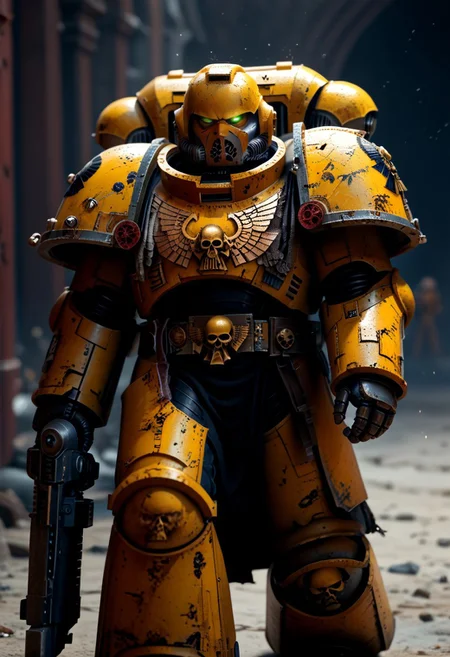 Prompt: Score_9_up, absurdres, source: Gamesworkshop, the Imperial Fists Astartes chapter, muscular rugged cleanshaven men in Yellow armor wielding heavy bolters, best quality, expressive eyes, perfect face, perfect anatomy, highly detailed, perfect hands, Warhammer 40K, space marine, mantisdetailerse, adddetails, MOVIE STILL
FILM STILL
CINEMATIC
CINEMATIC SHOT
CINEMATIC LIGHTING, ImperialF40K