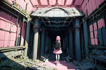 highly insanely detailed, masterpiece, top quality, best quality, highres, 4k, 8k, RAW photo, (very aesthetic, beautiful and aesthetic),
tsutomu nihei,nihei_tsutomu,blame!,blame gakuen!,abara,TNstyle,sidonia_no_kishi,(tunnel,space,spacecraft,megastructure in background,deep horizon,stairs,mausoleum,giant room,hangar,city ruins,tower),
<lora:blamev2:0>,
(1girl:1.3),
solo focus,
rural school,(pure pink background,transparent background:1.2),âââ
