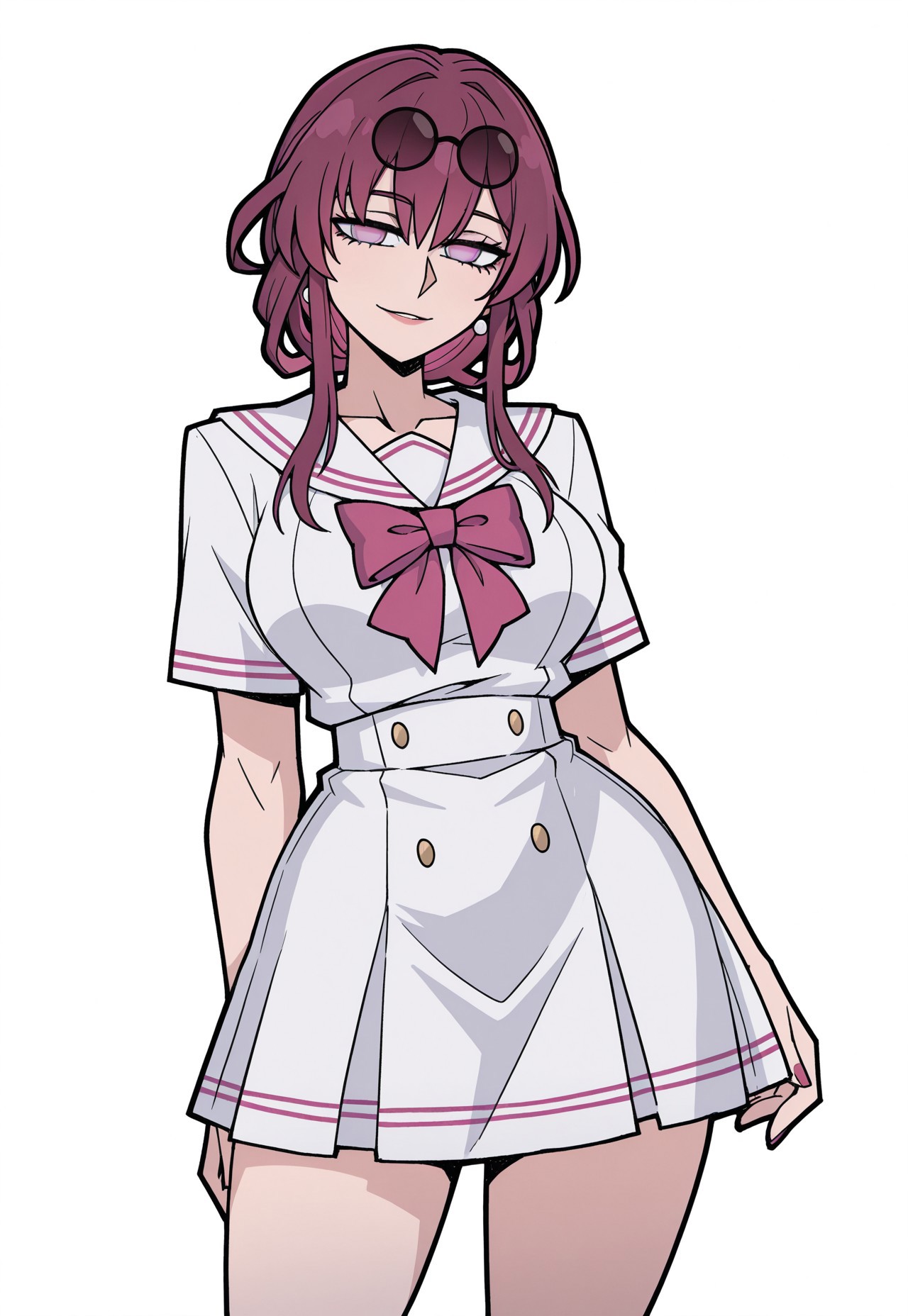Kafka (Honkai: Star Rail), 1girl, long hair, purple hair, purple eyes, wearing sunglasses, solo,serafuku, bow,dress, standing like a model, perfect curvy figure, sexy, high-end fashion, elegant and seductive pose, high quality, masterpiece, highly detailed, intricate details, ultra-detailed, photorealistic, artist:moriimee.vanripper