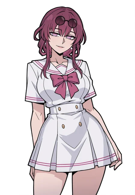 Kafka (Honkai: Star Rail), 1girl, long hair, purple hair, purple eyes, wearing sunglasses, solo,serafuku, bow,dress, standing like a model, perfect curvy figure, sexy, high-end fashion, elegant and seductive pose, high quality, masterpiece, highly detailed, intricate details, ultra-detailed, photorealistic, artist:moriimee.vanripper