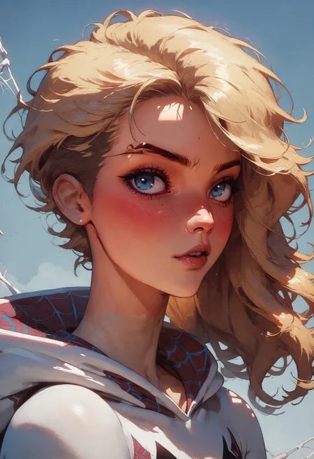 score_9, score_8_up, score_7_up, spider gwen, beautiful eyes, blush, cute, blonde hair, petite, spider webs, posing, simple background, <lora:Concept Art Twilight Style SDXL_LoRA_Pony Diffusion V6 XL:0.8> concept art, realistic <lora:Expressive_H-000001:0.8> expressiveh, <lora:Kenva:0.8> knva, halftone effect, retro artstyle