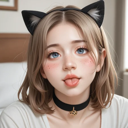 score_9, score_8_up, score_7_up, score_6_up, score_5_up, inside, bedroom, bed, cushions, soft shadows, soft lighting, source_cartoon, on_model, closeup, dongari, raw, photo, realistic, face shot, blurred background
1girl, cute face, freckles, messy medium hair, looking up at viewer, detailed face, beautiful eyes, plump lips, round face, choker, [[[light mascara]]], [[blush]], skin detail, natural light interplay on skin, lifelike hair gloss, detailed eyes, fake cat ears, small tongue bite