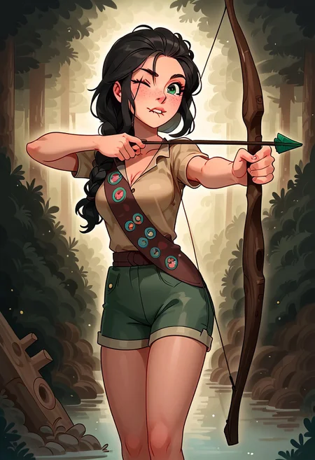 safe_pos, score_9, score_8_up, score_7_up, 1girl, 19 years old, Girl Scout, khaki shirt, forest-green shorts, looking forward, bow string, (((badge sash))), slender, sexy, cute, medium breasts, freckles, braid, long braided hair, black hair, holding weapon, holding bow (weapon), drawing bow (weapon), holding arrow (projectile), aiming, archery range, scout camp, log cabins in background, scouts in background, one eye closed, squinting, biting lip, concentrating, tan, tight shirt, chest out, body in profile