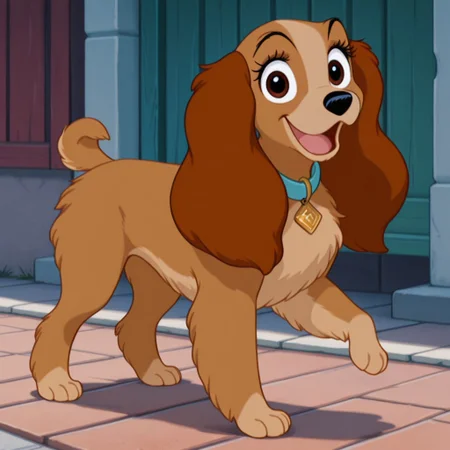 lady, female, dog, disney, cocker spaniel, long brown ears, tan fur, light tan belly, light tan paws, brown eyes, blue collar with gold diamond-shaped tag BREAK score_9, score_8, score_7, no humans, (((full body))), standing, solo, female, feral, hight definition, hyper detailed, best quality, amazing quality, 1girl, cute, cute smile, cute pose, 8k, masterpiece, looking at viewer BREAK standing, happy, friendly, adorable, expressive eyes, sweet, smiling, open mouth, open eyes, outside