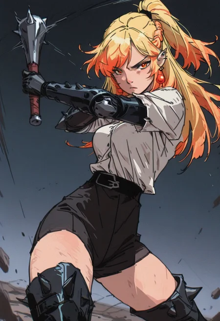 masterpiece, amazing quality, absurdres, 4ur4_illu, fl4tgr1t, sketch, dark_fantasy_style, dark fantasy, retro,
(Girl:0.0), 1girl, (solo), yellow hair, half up braid, straight hair, multicolored hair, swept bangs, 
orange eyes, ultra-detailed anime eyes, round eyes, pointed ears, earrings, ear piercing, breasts, 
dark spiked armored outfit, white shirt, black shorts, black belt, thigh-high boots, 
(Pose:0.0), ((looking at viewer)), standing, (swinging mace), motion blur, 
(Emotion:0.0), determined, serious, 
(Scene:0.0), cowboy shot, dutch angle, from front, dynamic pose, simple background, depth of field, foreshortening,