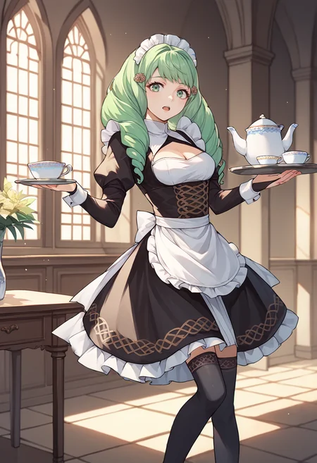 score_9, score_8_up, score_7_up, source_anime, 1girl, short, looking at you, open mouth, carrying, tray, teapot, teacup, BREAK <lora:FlaynFE-pdxl:1> rndFlayn, long hair, drill hair, hairclip, cleavage cutout, maid, maid headdress, black thighhighs, bridal gauntlets, indoors, mansion, vase