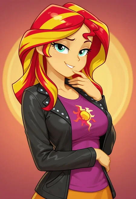 masterpiece, best quality, amazing quality, 1girl, solo, equestria girls, sunset shimmer, colored skin, yellow skin, long hair, yellow hair, red hair, multicolored hair, aqua eyes, eq outfit, black jacket, purple top, eq skirt, sexy, large breasts, beautiful, detailed, high detailed, very beautiful, detailed face, detailed eyes, detailed hand, fingernails, long nails, abstract background, smile, smirk, looking at viewer, face focus