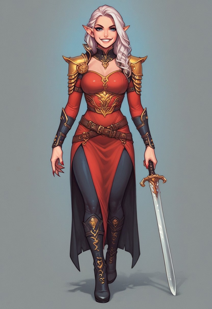 score_9, score_8_up, score_7_up, score_6_up, score_5_up, score_4_up, flat color, source_anime, anime coloring, 2d, BREAK. smile, looking at viewer, BREAK. ssn2, red dress, red sleeves, detached sleeves, shoulder armor, gold armor, epaulettes, <lora:Carmilla_v1:1>, 1girl, solo, pale skin, white skin, pointy ears, vampire, fangs, blue eyes, white hair, long hair, long fingernails, sharp fingernails, red nails (((full-clothed))), ((long big sword in hands, sword in hands)) 
BREAK 
strange world background score_9, score_8_up, score_7_up, score_6_up, source_cartoon, rating_explicit, Expressiveh, ((((Full body))))), dynamic pose