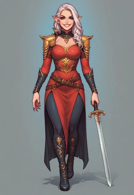 score_9, score_8_up, score_7_up, score_6_up, score_5_up, score_4_up, flat color, source_anime, anime coloring, 2d, BREAK. smile, looking at viewer, BREAK. ssn2, red dress, red sleeves, detached sleeves, shoulder armor, gold armor, epaulettes, <lora:Carmilla_v1:1>, 1girl, solo, pale skin, white skin, pointy ears, vampire, fangs, blue eyes, white hair, long hair, long fingernails, sharp fingernails, red nails (((full-clothed))), ((long big sword in hands, sword in hands))
BREAK
strange world background score_9, score_8_up, score_7_up, score_6_up, source_cartoon, rating_explicit, Expressiveh, ((((Full body))))), dynamic pose