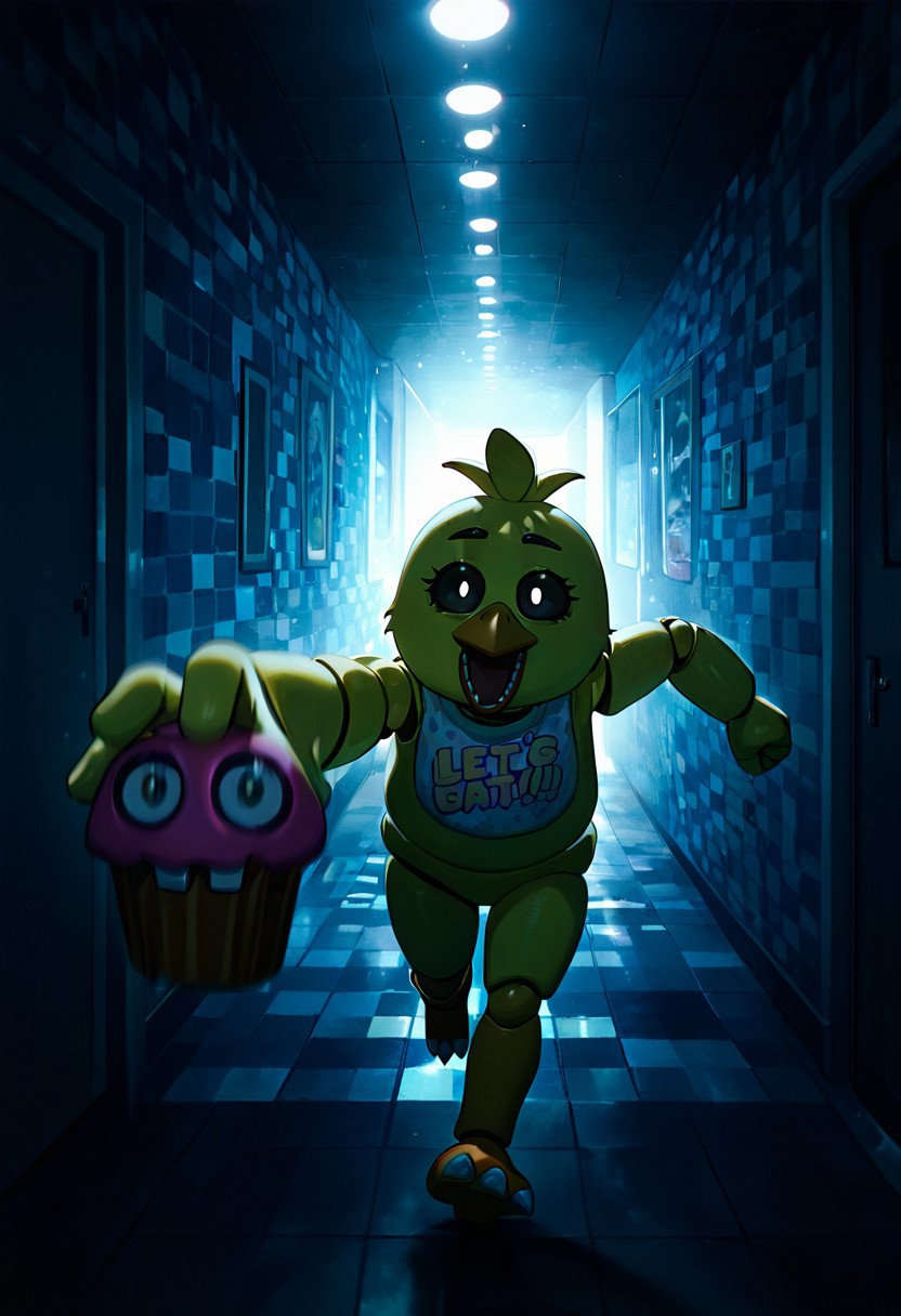 masterpiece, best quality, amazing quality, very aesthetic, absurdres, newest, detailed background, foreground blur, 
chica, 1girl, beak, bib,  joints, animatronic
dark room, checkered walls, grey walls, holding cupcake, black sclera, small pupils, white pupils,  hallway, blue floors, running, reaching out, dark mist, shadows,