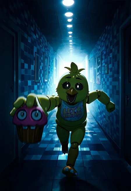 masterpiece, best quality, amazing quality, very aesthetic, absurdres, newest, detailed background, foreground blur, 
chica, 1girl, beak, bib,  joints, animatronic
dark room, checkered walls, grey walls, holding cupcake, black sclera, small pupils, white pupils,  hallway, blue floors, running, reaching out, dark mist, shadows,