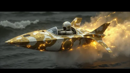 Indonesian electricity-themed colourful action image of a mismatched futuristic personal spaceship flying over a beach. In this black-toned image, the pilot is a middle-aged steampunk succubus, intricate white and (lemon-yellow:0.5) and brass reticulated patterns. magical, minimalist, billowing glowing dust, very detailed. <lora:aura_v2_beta2:0.75> <lora:Hand v2:0.75> <lora:white1:0.75>