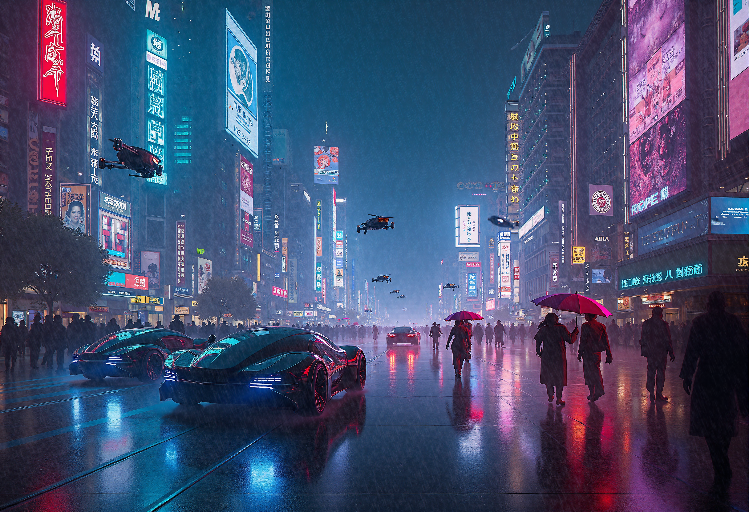 A highly detailed professional photograph capturing a futuristic Tokyo street scene at night, rendered in a cyberpunk aesthetic. The cityscape is bathed in vibrant neon lights, with a kaleidoscope of electric colorsâblues, purples, pinks, and redsâpouring from towering buildings that stretch high into the sky, their glass faÃ§ades shimmering with digital advertisements and holographic displays. The streets below are slick with rain, reflecting the glowing signs and vibrant lights, creating an almost mirror-like effect on the wet asphalt.
Futuristic, sleek cars glide through the street, their designs streamlined and ultra-modern, illuminated by glowing blue and red headlights and undercarriage lights, leaving faint trails of light in their wake as they speed through the city. In the background, towering billboards flicker with massive, holographic advertisements, while smaller drones hover above, silently patrolling the skies.
The street is bustling with life despite the heavy rainfall, with pedestrians wearing high-tech clothing and glowing accessories, moving under neon umbrellas that cast their own colored light. The rain creates a soft, misty haze, blurring the edges of the neon signs and car lights, adding an ethereal quality to the atmosphere. In the distance, a monorail zips past, its sleek silhouette barely visible through the rain and neon-lit fog. Darkness envelops the city, but the vivid, pulsing lights create an otherworldly ambiance, blending the high-tech allure of the future with the gritty, dystopian undercurrent that permeates the cyberpunk genre. The mood is both vibrant and foreboding, capturing the essence of a futuristic metropolis that never sleeps.