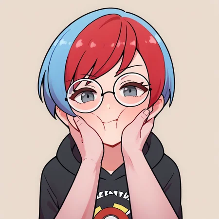 masterpiece, best quality, BREAK, score_9, score_8_up, score_7_up, score_6_up, score_5_up, score_4_up, BREAK, 1girls, female, pennypokemon, short hair, multicolored hair, two-tone hair, red hair, blue hair, bangs, grey eyes,  glasses, round eyewear, hoodie, poke ball print, black hoodie, long sleeves, hood, upper body, looking at viewer, cheek squash, irritated BREAK, hands on another's face, hands on another's cheeks, solo focus, pov hands, simple background, ((bare arms)), viewer's hands on cheeks, pov hands, from above